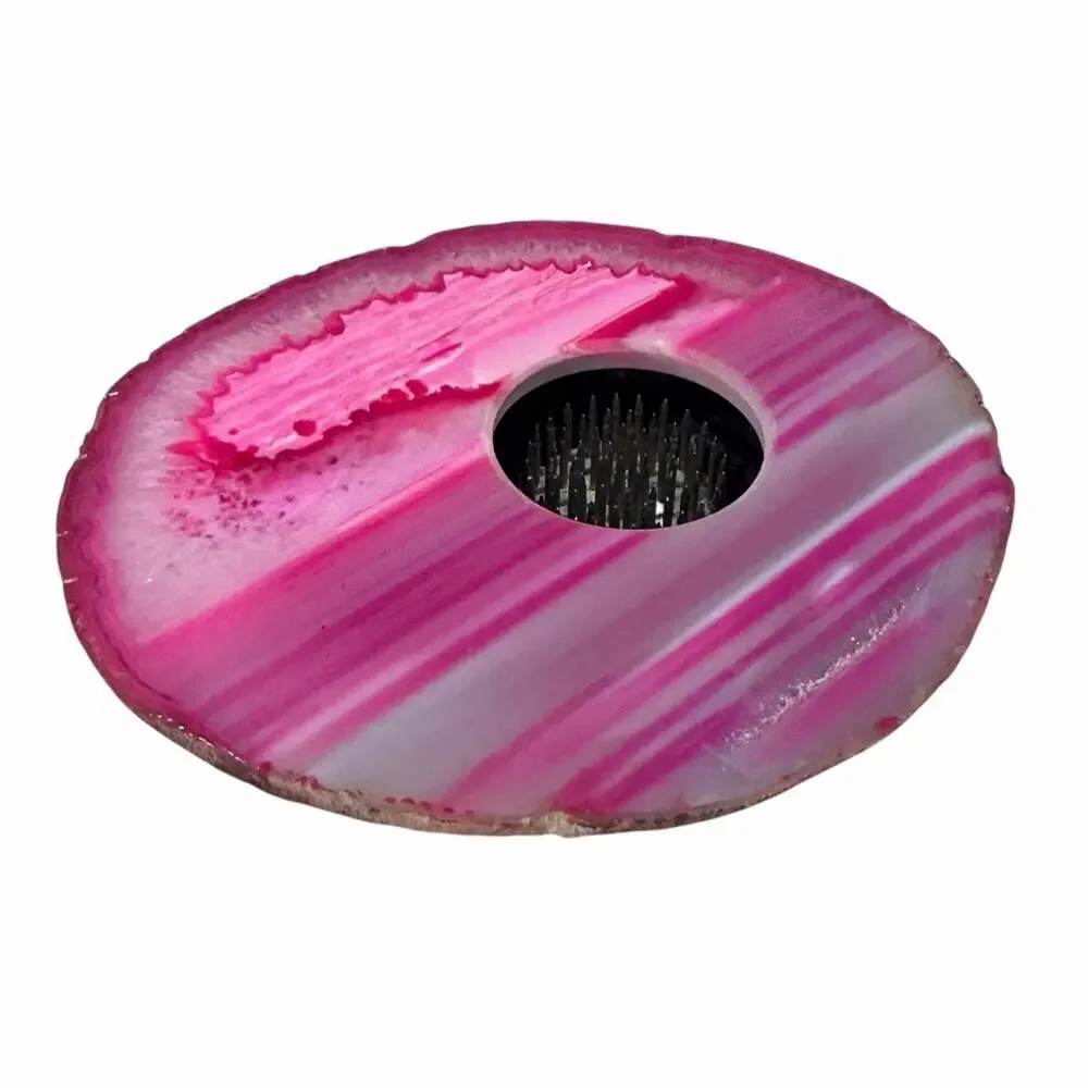 Nature’s Treasures Ikebana Vase Color Enhanced Pink Agate Flower Frog Minimalist